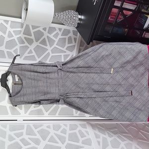 NWT Calvin Klein Plaid Fit & Flare Midi Belted Dress Size 12 Tin Cream Gray